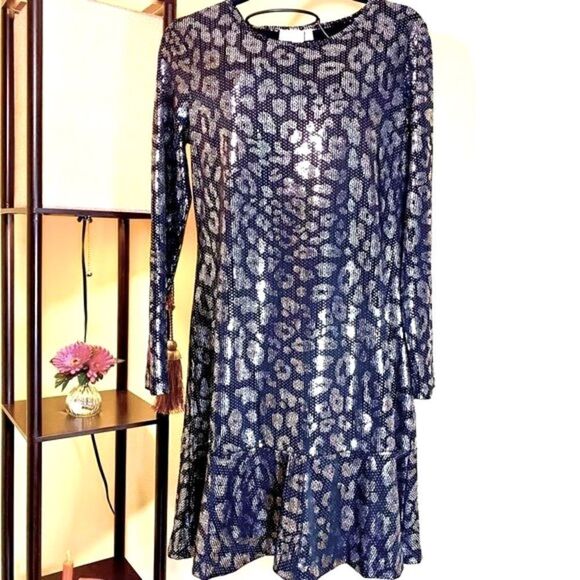 MICHAEL KORS BLACK & SILVER METALLIC LEOPARD PRINT SHIFT DRESS L NWT - Picture 13 of 16